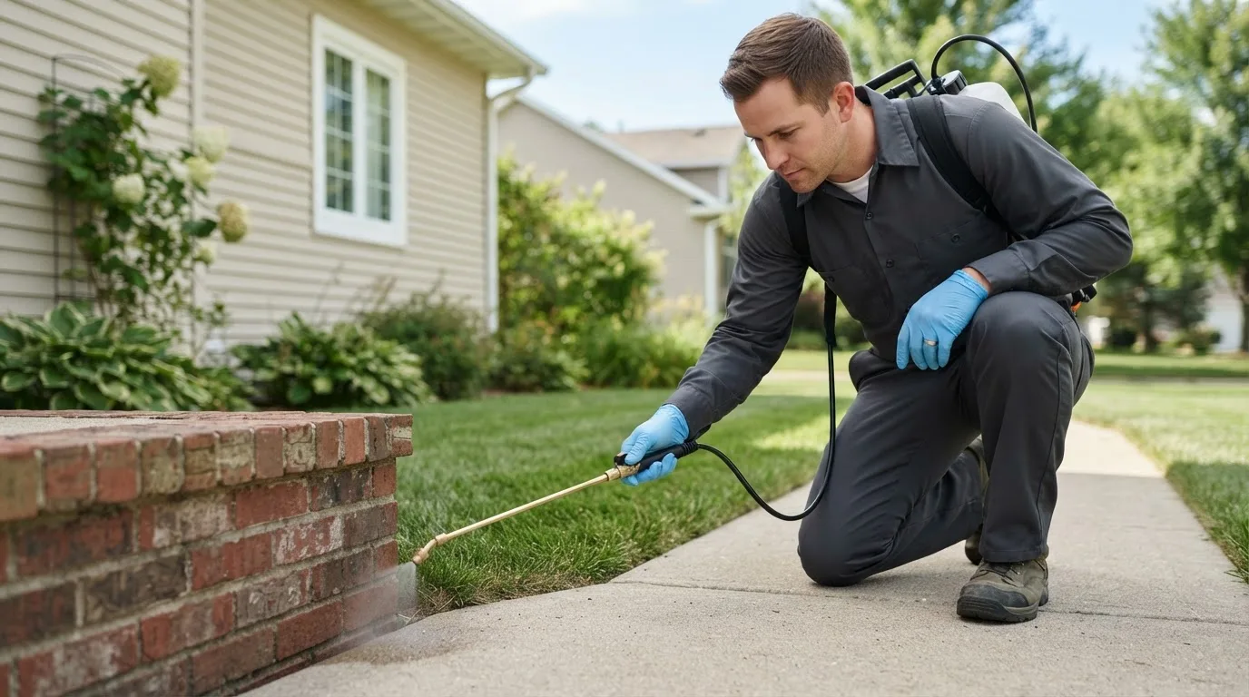 Pest control technician treating a home near Cleo Springs, OK