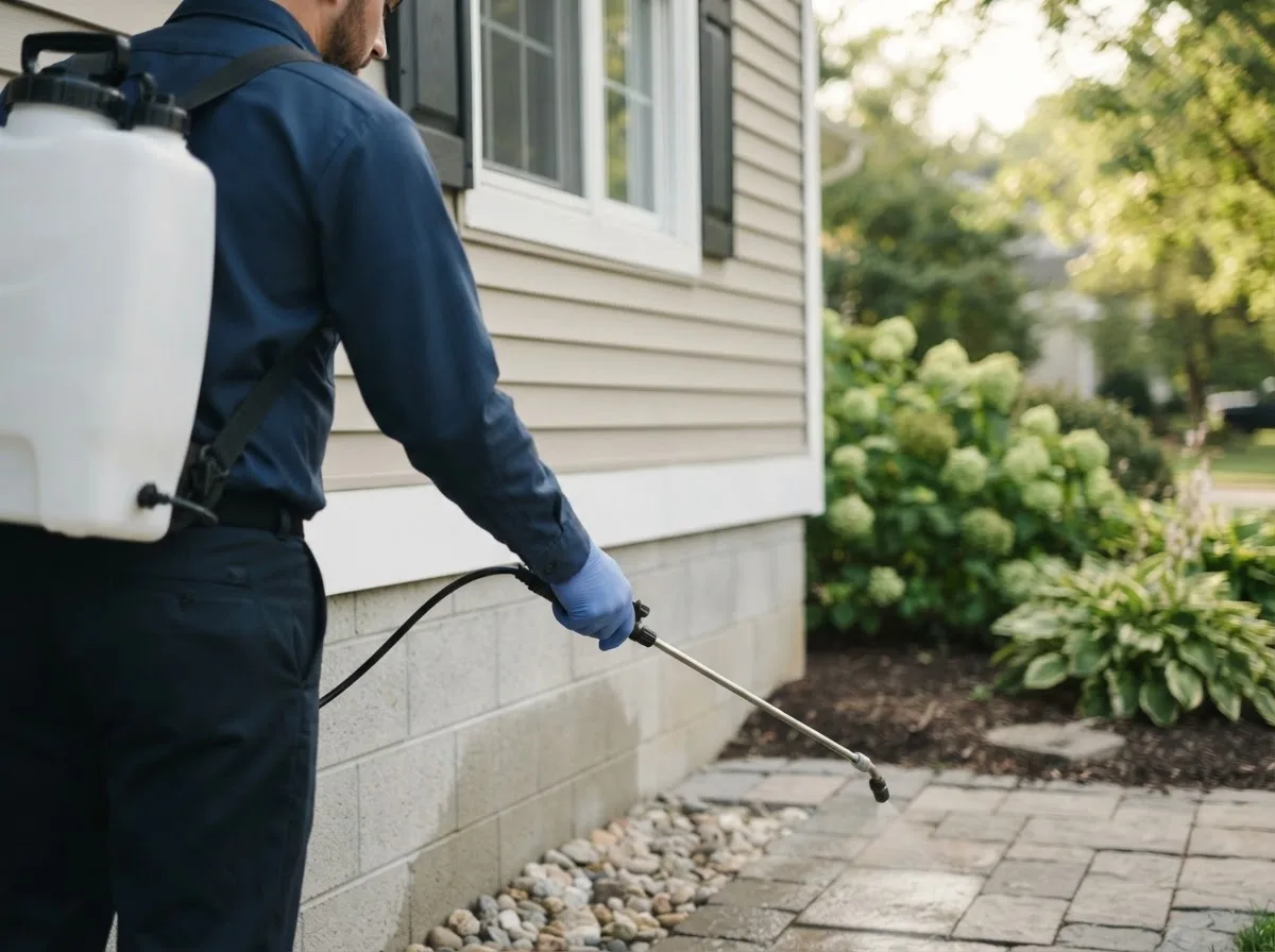 Pest control technician inspecting a home in Cleo Springs, OK